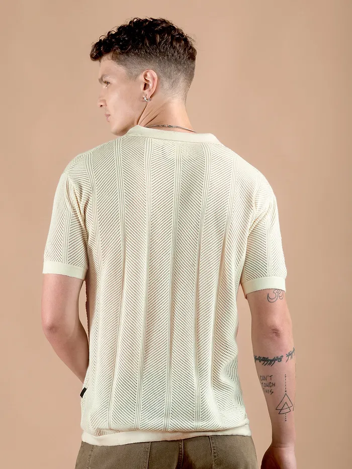 Cream Half-Sleeves Knitted Mens Shirt